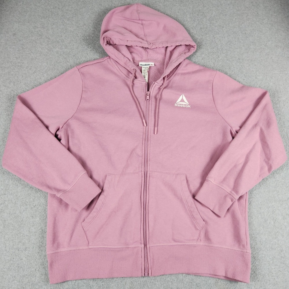 Reebok Hoodie Womens XL Pink Fleece Lined Kangaroo Pocket Drawstring Full Zip